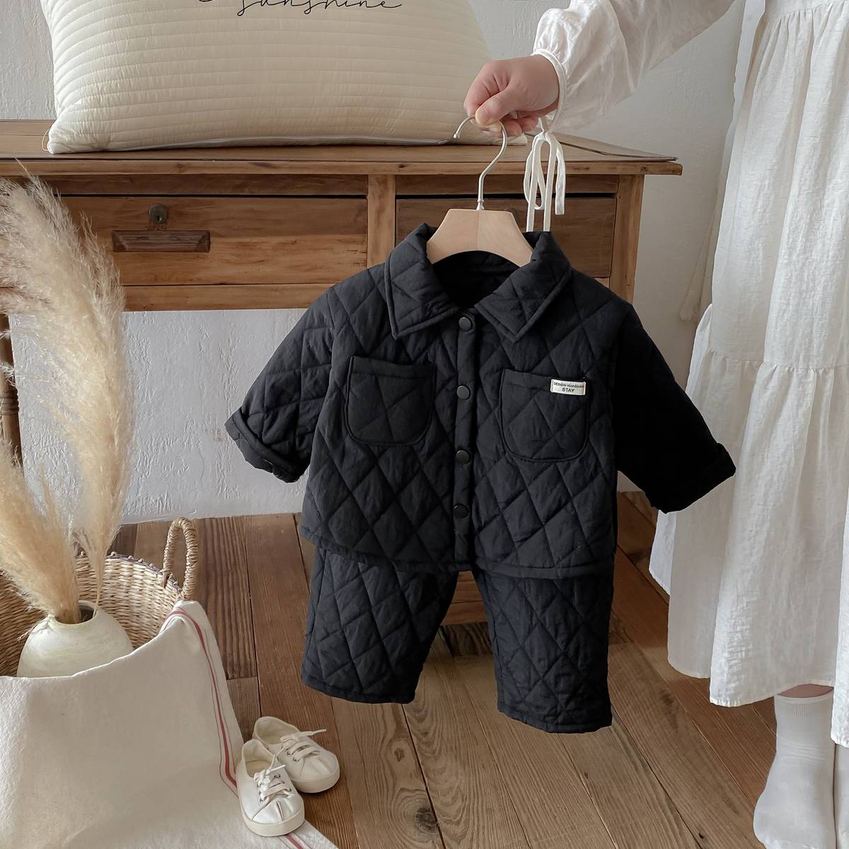 長袖セットアップ 長袖キルティングジャケット+パンツ セットアップ 2点セット 防寒 中綿ダイヤ柄【mh0011387】
