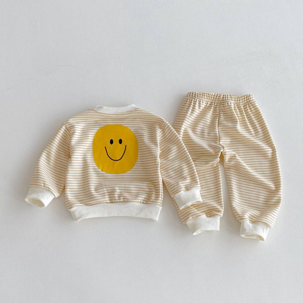長袖セットアップ 長袖スウェット+スウェットパンツ セットアップ 2点セット ボーダー柄 スマイルロゴ【mh0011390】