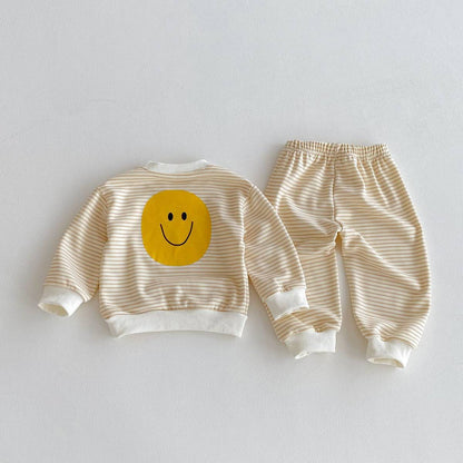 長袖セットアップ 長袖スウェット+スウェットパンツ セットアップ 2点セット ボーダー柄 スマイルロゴ【mh0011390】
