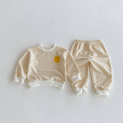 長袖セットアップ 長袖スウェット+スウェットパンツ セットアップ 2点セット ボーダー柄 スマイルロゴ【mh0011390】