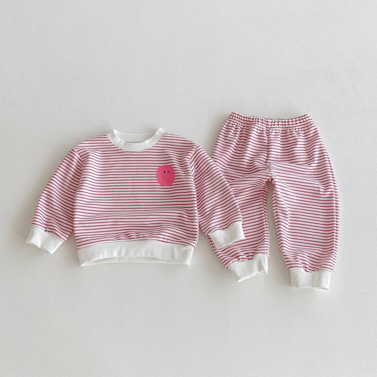 長袖セットアップ 長袖スウェット+スウェットパンツ セットアップ 2点セット ボーダー柄 スマイルロゴ【mh0011390】