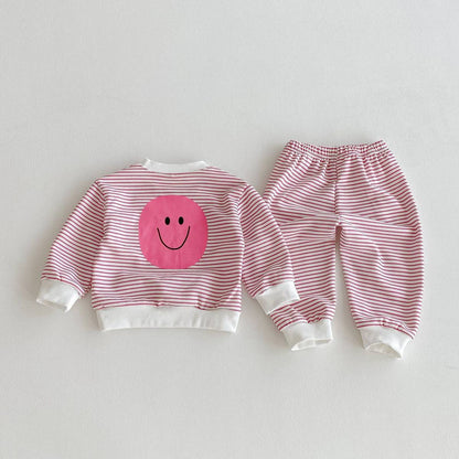 長袖セットアップ 長袖スウェット+スウェットパンツ セットアップ 2点セット ボーダー柄 スマイルロゴ【mh0011390】