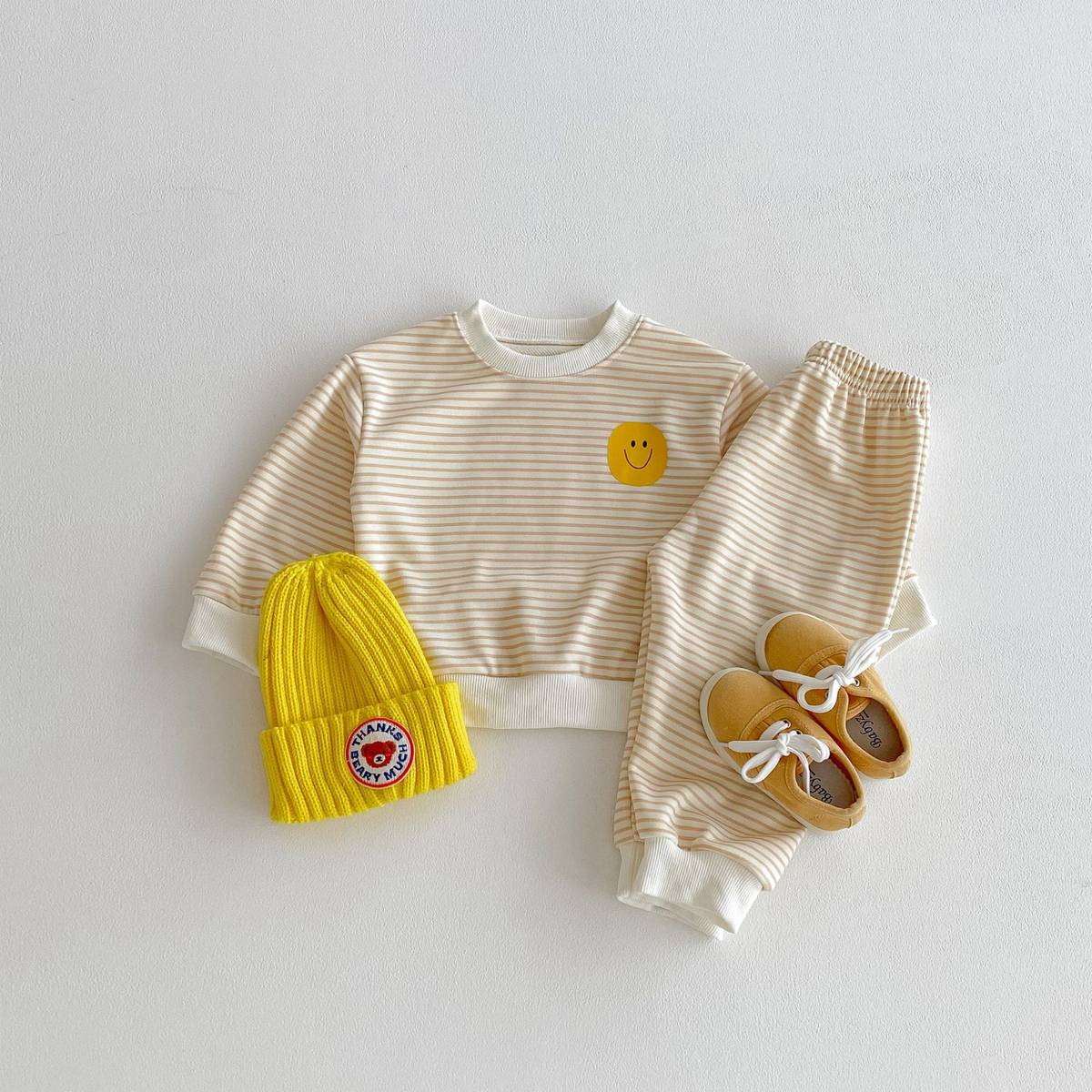 長袖セットアップ 長袖スウェット+スウェットパンツ セットアップ 2点セット ボーダー柄 スマイルロゴ【mh0011390】