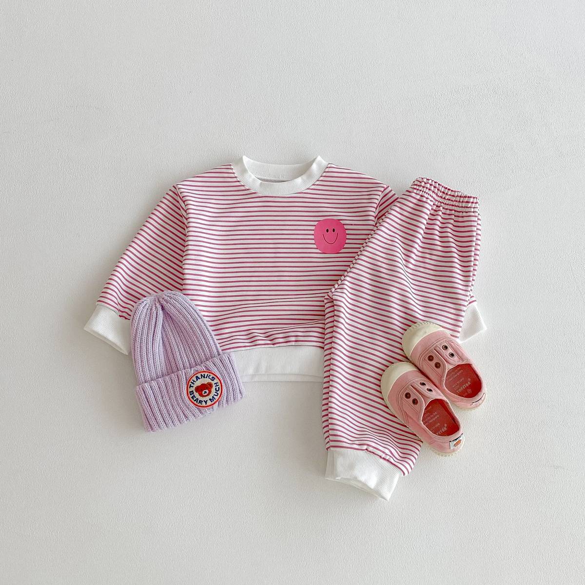 長袖セットアップ 長袖スウェット+スウェットパンツ セットアップ 2点セット ボーダー柄 スマイルロゴ【mh0011390】