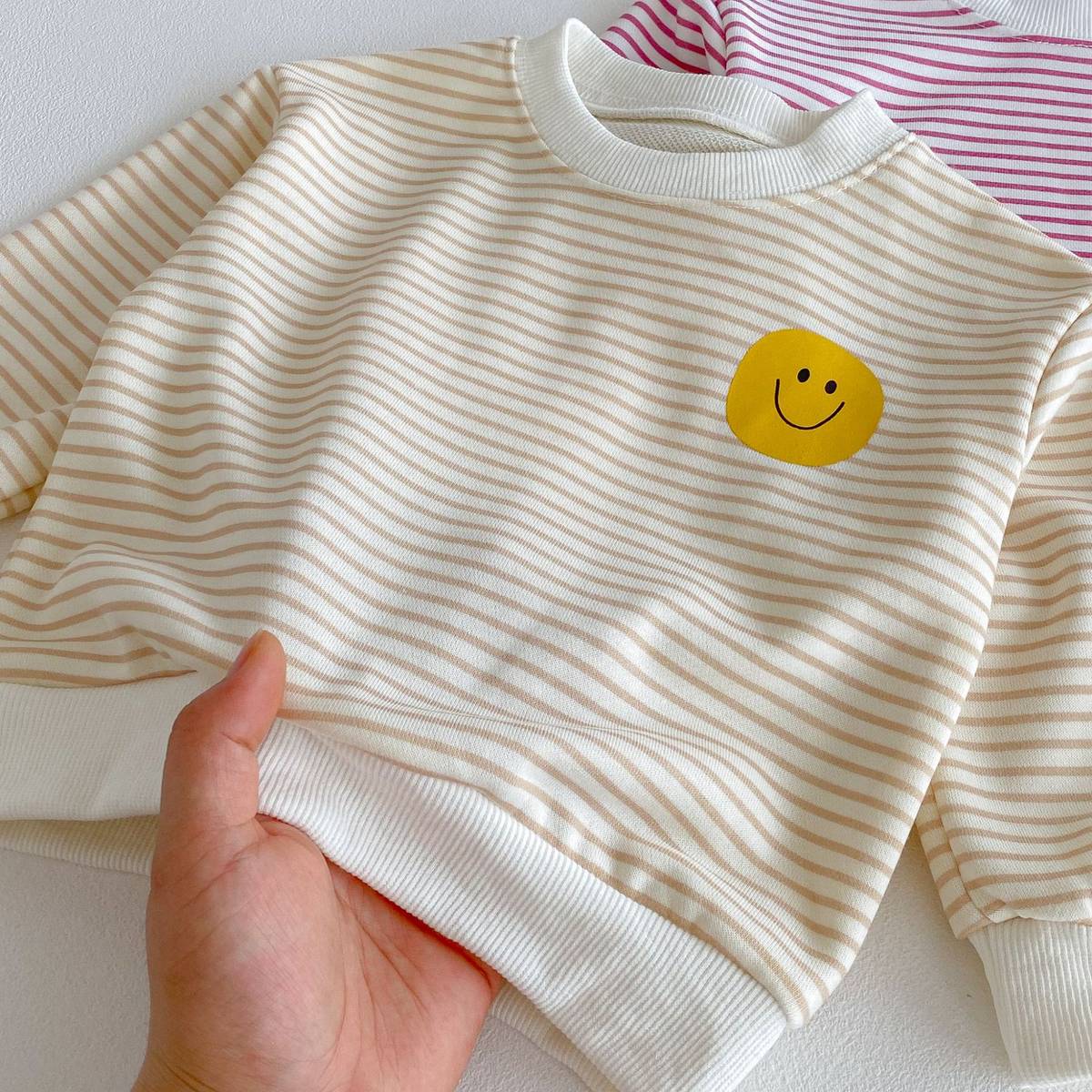 長袖セットアップ 長袖スウェット+スウェットパンツ セットアップ 2点セット ボーダー柄 スマイルロゴ【mh0011390】