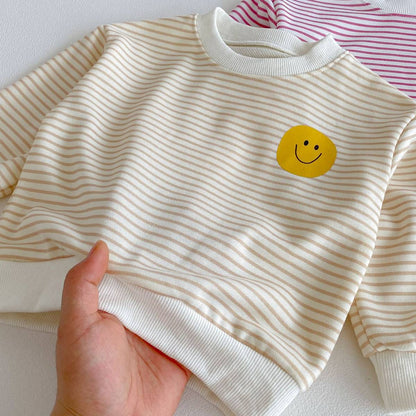 長袖セットアップ 長袖スウェット+スウェットパンツ セットアップ 2点セット ボーダー柄 スマイルロゴ【mh0011390】