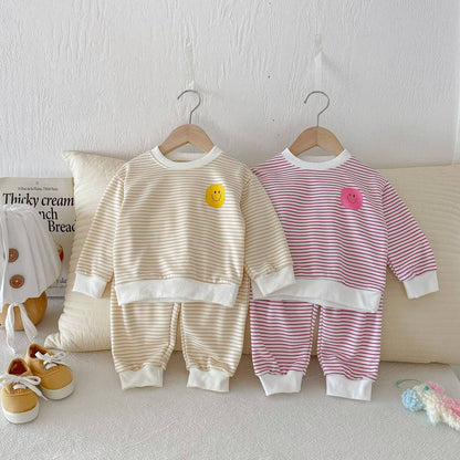 長袖セットアップ 長袖スウェット+スウェットパンツ セットアップ 2点セット ボーダー柄 スマイルロゴ【mh0011390】