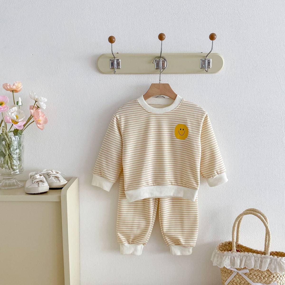 長袖セットアップ 長袖スウェット+スウェットパンツ セットアップ 2点セット ボーダー柄 スマイルロゴ【mh0011390】