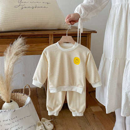 長袖セットアップ 長袖スウェット+スウェットパンツ セットアップ 2点セット ボーダー柄 スマイルロゴ【mh0011390】