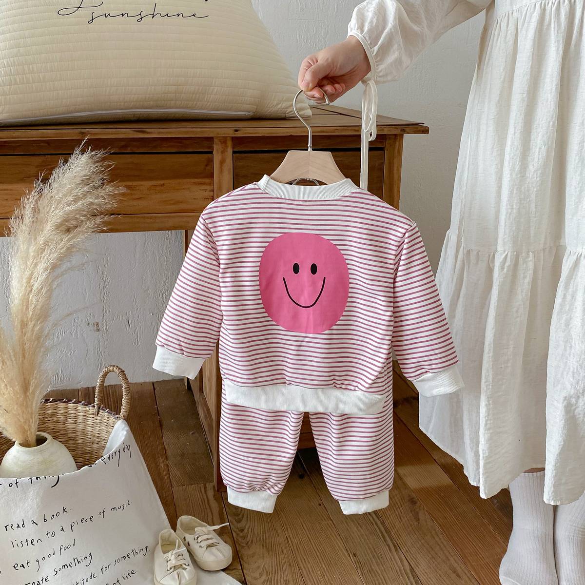 長袖セットアップ 長袖スウェット+スウェットパンツ セットアップ 2点セット ボーダー柄 スマイルロゴ【mh0011390】
