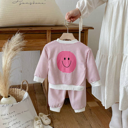 長袖セットアップ 長袖スウェット+スウェットパンツ セットアップ 2点セット ボーダー柄 スマイルロゴ【mh0011390】
