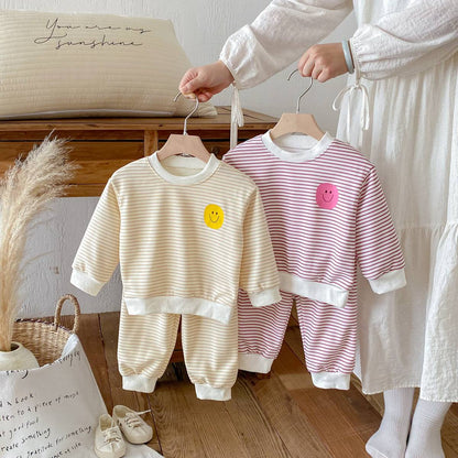 長袖セットアップ 長袖スウェット+スウェットパンツ セットアップ 2点セット ボーダー柄 スマイルロゴ【mh0011390】