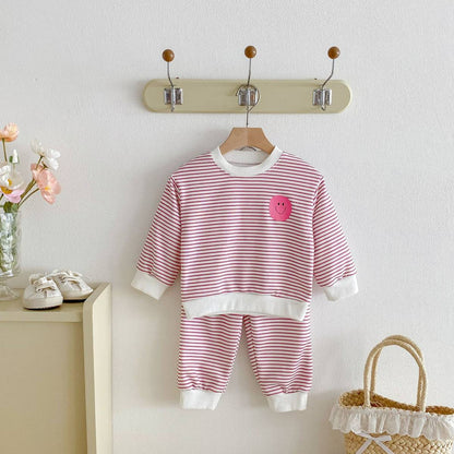 長袖セットアップ 長袖スウェット+スウェットパンツ セットアップ 2点セット ボーダー柄 スマイルロゴ【mh0011390】