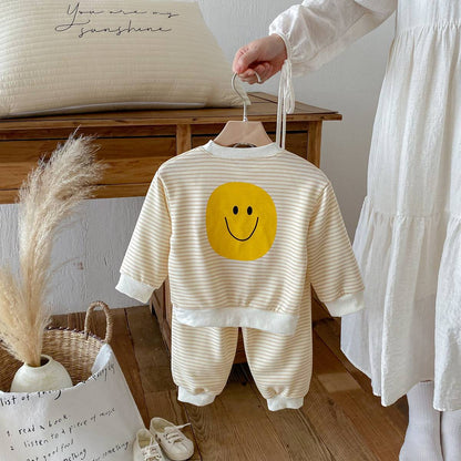 長袖セットアップ 長袖スウェット+スウェットパンツ セットアップ 2点セット ボーダー柄 スマイルロゴ【mh0011390】