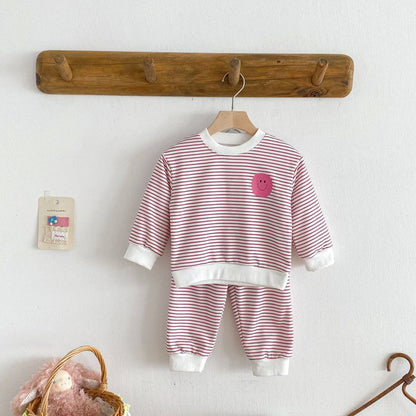 長袖セットアップ 長袖スウェット+スウェットパンツ セットアップ 2点セット ボーダー柄 スマイルロゴ【mh0011390】