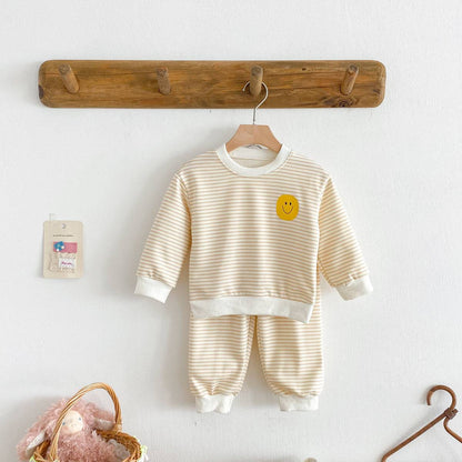 長袖セットアップ 長袖スウェット+スウェットパンツ セットアップ 2点セット ボーダー柄 スマイルロゴ【mh0011390】