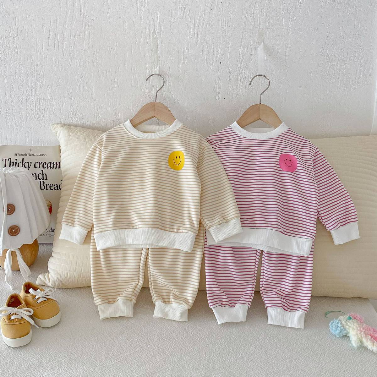 長袖セットアップ 長袖スウェット+スウェットパンツ セットアップ 2点セット ボーダー柄 スマイルロゴ【mh0011390】