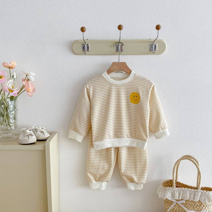 長袖セットアップ 長袖スウェット+スウェットパンツ セットアップ 2点セット ボーダー柄 スマイルロゴ【mh0011390】