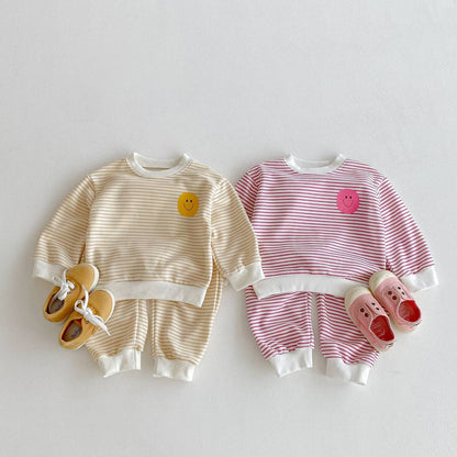 長袖セットアップ 長袖スウェット+スウェットパンツ セットアップ 2点セット ボーダー柄 スマイルロゴ【mh0011390】