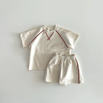 半袖セットアップ キッズセットアップ 2点セット ステッチ半袖Tシャツ+ショートパンツ 2カラー【mh0005375】
