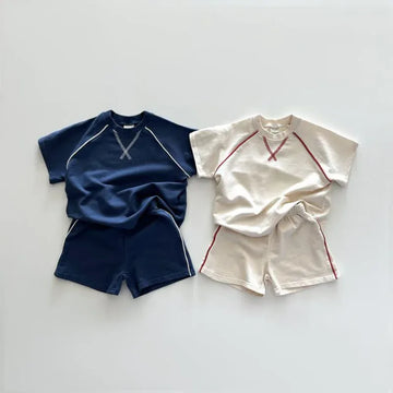 半袖セットアップ キッズセットアップ 2点セット ステッチ半袖Tシャツ+ショートパンツ 2カラー【mh0005375】