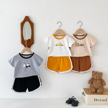 半袖セットアップ ベビーセットアップ 2点セット 半袖Tシャツ+ショートパンツ パンダあひるキリンプリント 3カラー【mh0005408】