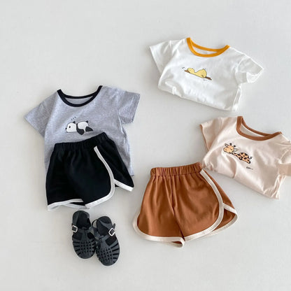半袖セットアップ ベビーセットアップ 2点セット 半袖Tシャツ+ショートパンツ パンダあひるキリンプリント 3カラー【mh0005408】