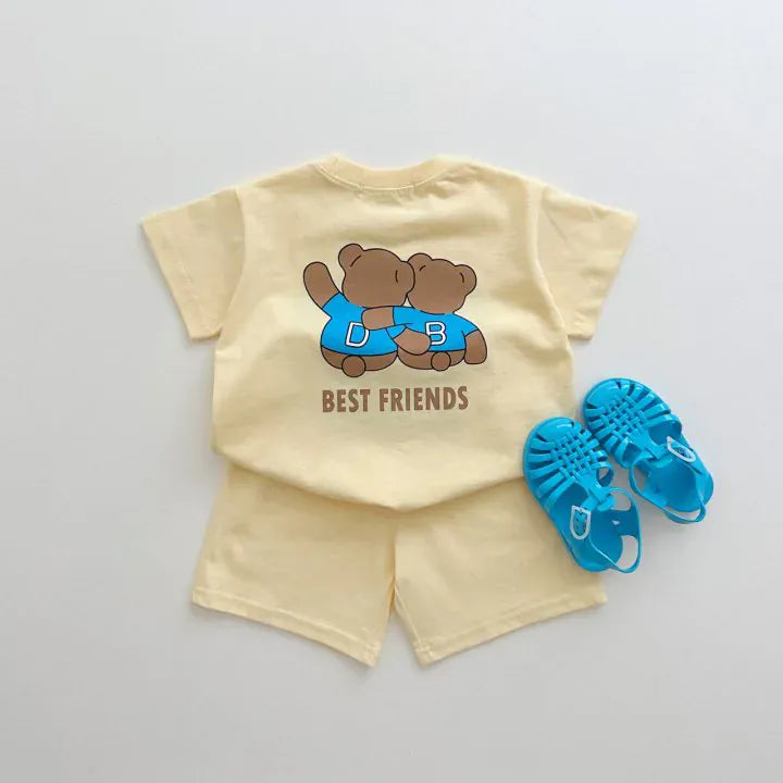 半袖セットアップ キッズセットアップ 2点セット 半袖Tシャツ+ショートパンツ レターロゴベアくまプリント 3カラー【mh0005575】