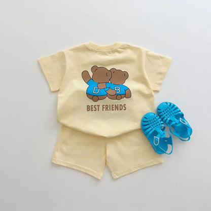 半袖セットアップ キッズセットアップ 2点セット 半袖Tシャツ+ショートパンツ レターロゴベアくまプリント 3カラー【mh0005575】