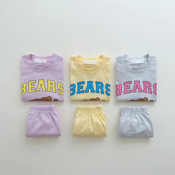 半袖セットアップ キッズセットアップ 2点セット 半袖Tシャツ+ショートパンツ レターロゴベアくまプリント 3カラー【mh0005575】