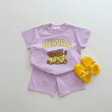 半袖セットアップ キッズセットアップ 2点セット 半袖Tシャツ+ショートパンツ レターロゴベアくまプリント 3カラー【mh0005575】