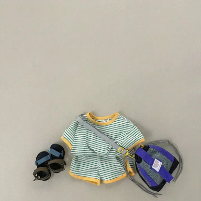 半袖セットアップ キッズセットアップ 2点セット 半袖Tシャツ+ショートパンツ ボーダー 3カラー【mh0005965】