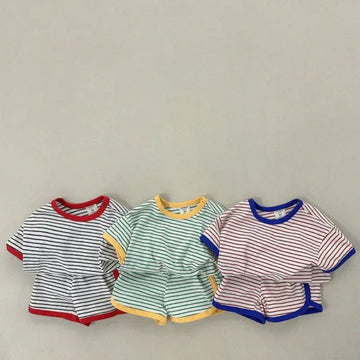 半袖セットアップ キッズセットアップ 2点セット 半袖Tシャツ+ショートパンツ ボーダー 3カラー【mh0005965】