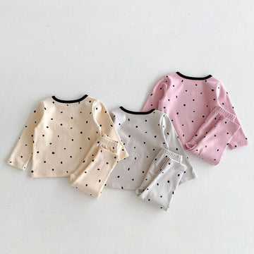 長袖パジャマ キッズセットアップ 2点セット 長袖パジャマセット 長袖Tシャツ+ロングパンツ 水玉ドットプリント 3カラー【mh0006487】