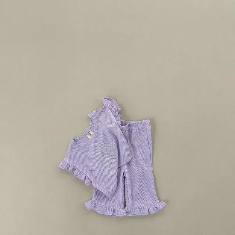 半袖セットアップ キッズセットアップ 2点セット フリルスリーブTシャツ+裾フリルルーズロングパンツ 4カラー【mh0005388】