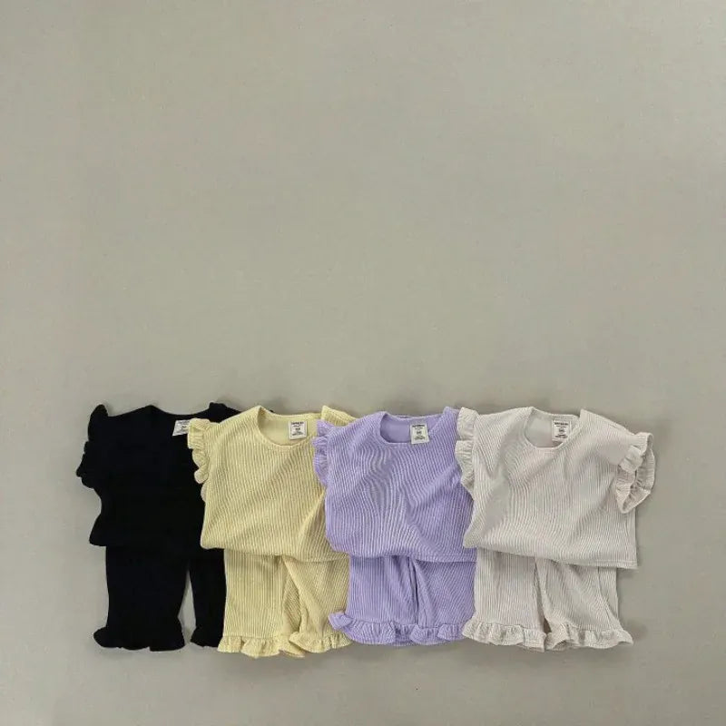 半袖セットアップ キッズセットアップ 2点セット フリルスリーブTシャツ+裾フリルルーズロングパンツ 4カラー【mh0005388】