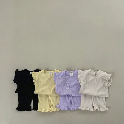 半袖セットアップ キッズセットアップ 2点セット フリルスリーブTシャツ+裾フリルルーズロングパンツ 4カラー【mh0005388】