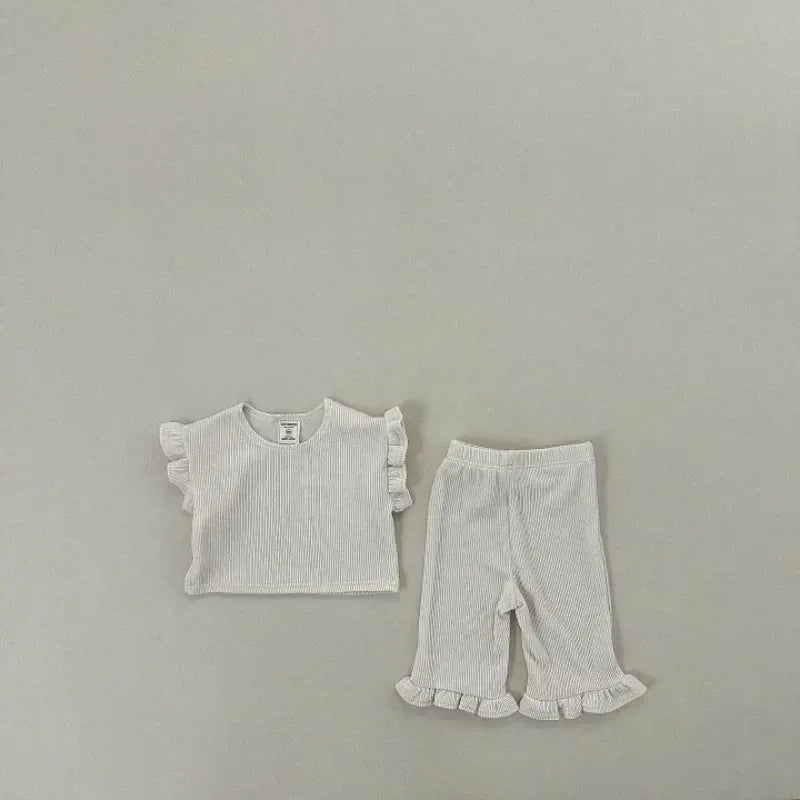 半袖セットアップ キッズセットアップ 2点セット フリルスリーブTシャツ+裾フリルルーズロングパンツ 4カラー【mh0005388】