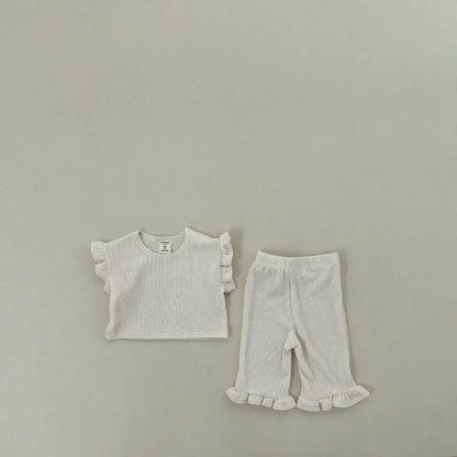 半袖セットアップ キッズセットアップ 2点セット フリルスリーブTシャツ+裾フリルルーズロングパンツ 4カラー【mh0005388】