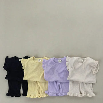 半袖セットアップ キッズセットアップ 2点セット フリルスリーブTシャツ+裾フリルルーズロングパンツ 4カラー【mh0005388】