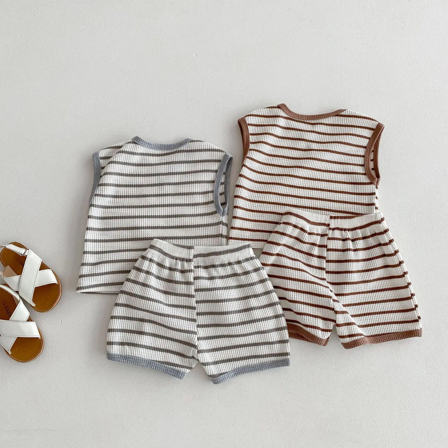 ノースリーブセットアップ キッズセットアップ 2点セット ノースリーブTシャツ+ショートパンツ ボーダー【mh0005855】