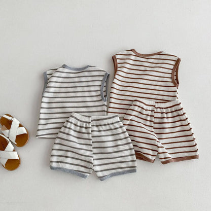 ノースリーブセットアップ キッズセットアップ 2点セット ノースリーブTシャツ+ショートパンツ ボーダー【mh0005855】