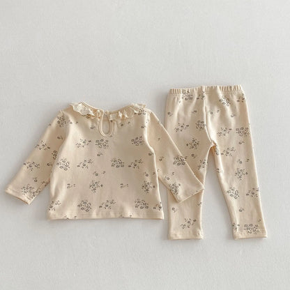 長袖パジャマ キッズセットアップ 2点セット 長袖パジャマセット ラッフル襟フラワー小花柄プリント長袖Tシャツ+ロングパンツ【mh0008812】