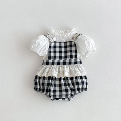 ロンパースセットアップ 2pc set / 66cm 0-6m ベビーセットアップ 2点セット 半袖パフスリーブブラウス+チェックフリルサスペンダーロンパース【mh0005219】