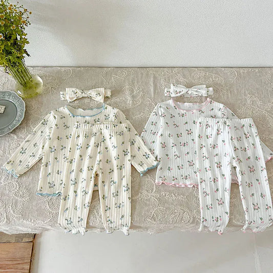 長袖パジャマ ベビーセットアップ 3点セット 長袖パジャマセット 長袖トップス+ロングパンツ+ヘアバンド フラワー小花柄プリント 2カラー【mh0006468】