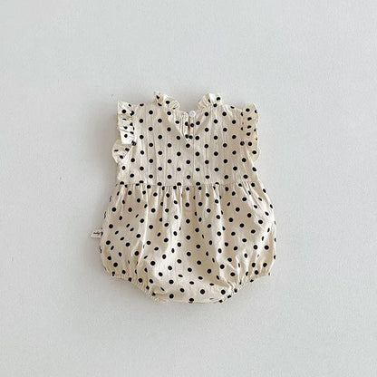 ノースリーブロンパース ベビーロンパース ノースリーブボディスーツ フリルスタンドカラー 無地/水玉ドットプリント 3カラー【mh0006547】