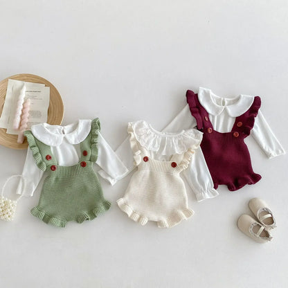 サロペットパンツ・サスペンダーパンツ ベビーパンツ フリルサスペンダーショルダーニットサロペットパンツ 3カラー【mh0007392】