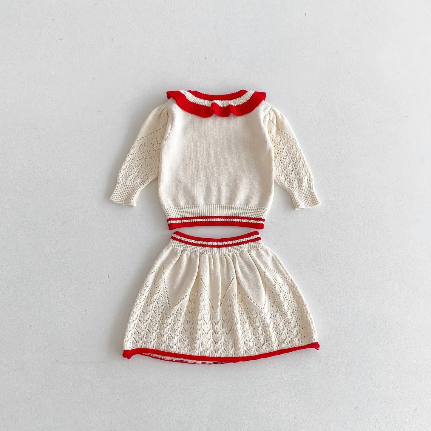 長袖セットアップ キッズトップス/スカート レースニットフリルサークル襟セーター/レースニットAラインスカート 2カラー【mh0006650】