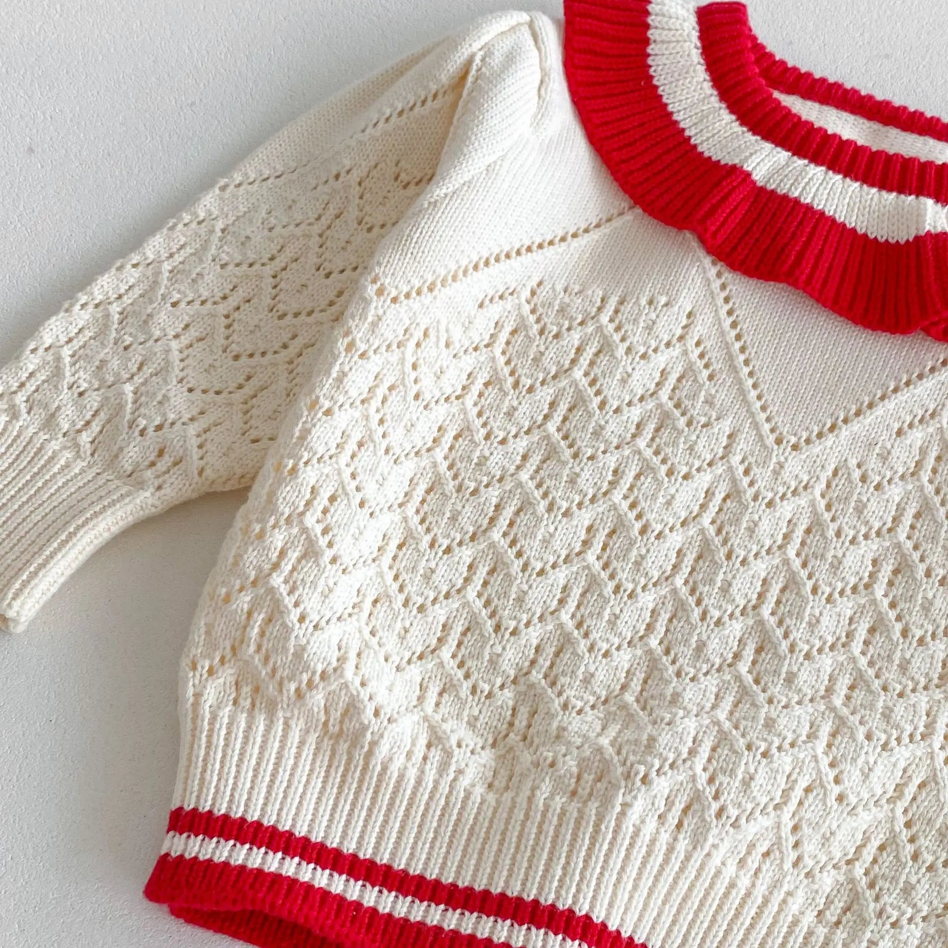 長袖セットアップ キッズトップス/スカート レースニットフリルサークル襟セーター/レースニットAラインスカート 2カラー【mh0006650】