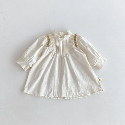 長袖ワンピース Apricot / 12M  80CM キッズワンピース フリルスタンドカラーショルダーチロリアン刺繍長袖ドレスワンピース アプリコット【mh0007004】